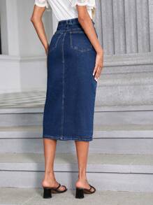 SHEIN Essnce High Waist Button Fly Belted Denim Skirt - Dark Wash - View 3
