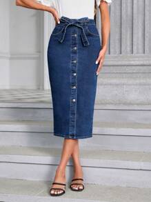 SHEIN Essnce High Waist Button Fly Belted Denim Skirt - Dark Wash - View 1