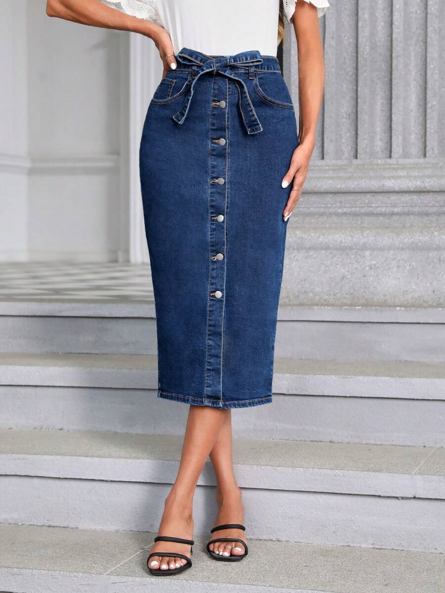 SHEIN Essnce High Waist Button Fly Belted Denim Skirt - Dark Wash - View 1