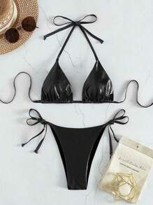 Swim SXY Summer Beach PU Halter Triangle Tie Side Bikini Set Bikini Set For Women - Black - View 3