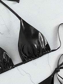 Swim SXY Summer Beach PU Halter Triangle Tie Side Bikini Set Bikini Set For Women - Black - View 4