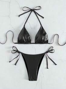 Swim SXY Summer Beach PU Halter Triangle Tie Side Bikini Set Bikini Set For Women - Black - View 5