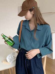 Camisa amplia unicolor de hombros caídos - Azul Cadete - Ver 1