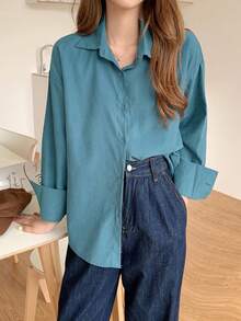 Camisa amplia unicolor de hombros caídos - Azul Cadete - Ver 3