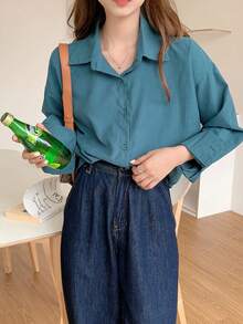 Camisa amplia unicolor de hombros caídos - Azul Cadete - Ver 4