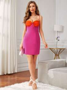 SHEIN VCAY Đầm Tương phản ren Thắt nút Khối Màu Giải trí - Nhiều màu - Xem 3