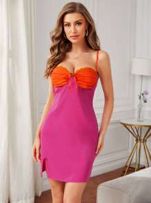 SHEIN VCAY Đầm Tương phản ren Thắt nút Khối Màu Giải trí - Nhiều màu - Xem 4