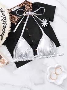 Swim SXY 金屬質感吊脖三角杯比基尼上衣 - 銀色 - 查看 3