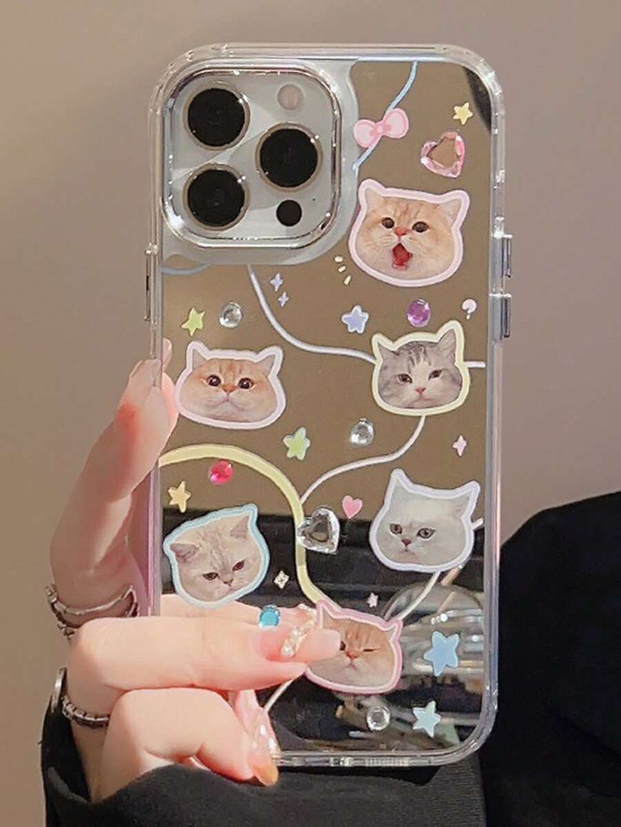 1 pieza Funda de teléfono DIY con personaje de dibujo animado de gato/perro lindo + Rhinestone compatible con series 16/15/14/13/12/11, resistente al agua, a los golpes y a los arañazos - Multicolor - Ver 1