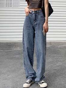 素色闊腿牛仔褲 - 中等水洗藍 - 查看 5