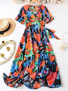 SHEIN Holidaya 大碼滿版印花側打結荷葉邊圍裹式洋裝 - 彩色 - 查看 1