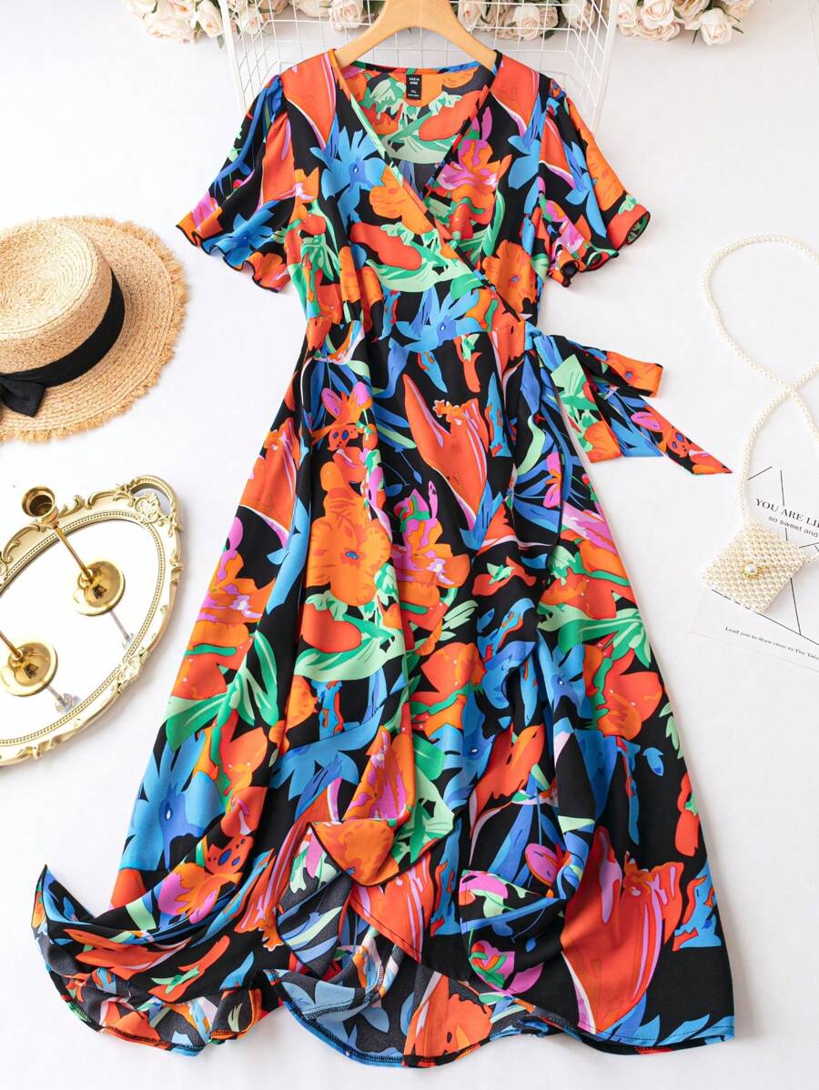 SHEIN Holidaya Plus Allover Print Knot Side Ruffle Trim Wrap Dress - Multicolor - View 1