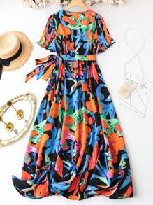 SHEIN Holidaya 大碼滿版印花側打結荷葉邊圍裹式洋裝 - 彩色 - 查看 2