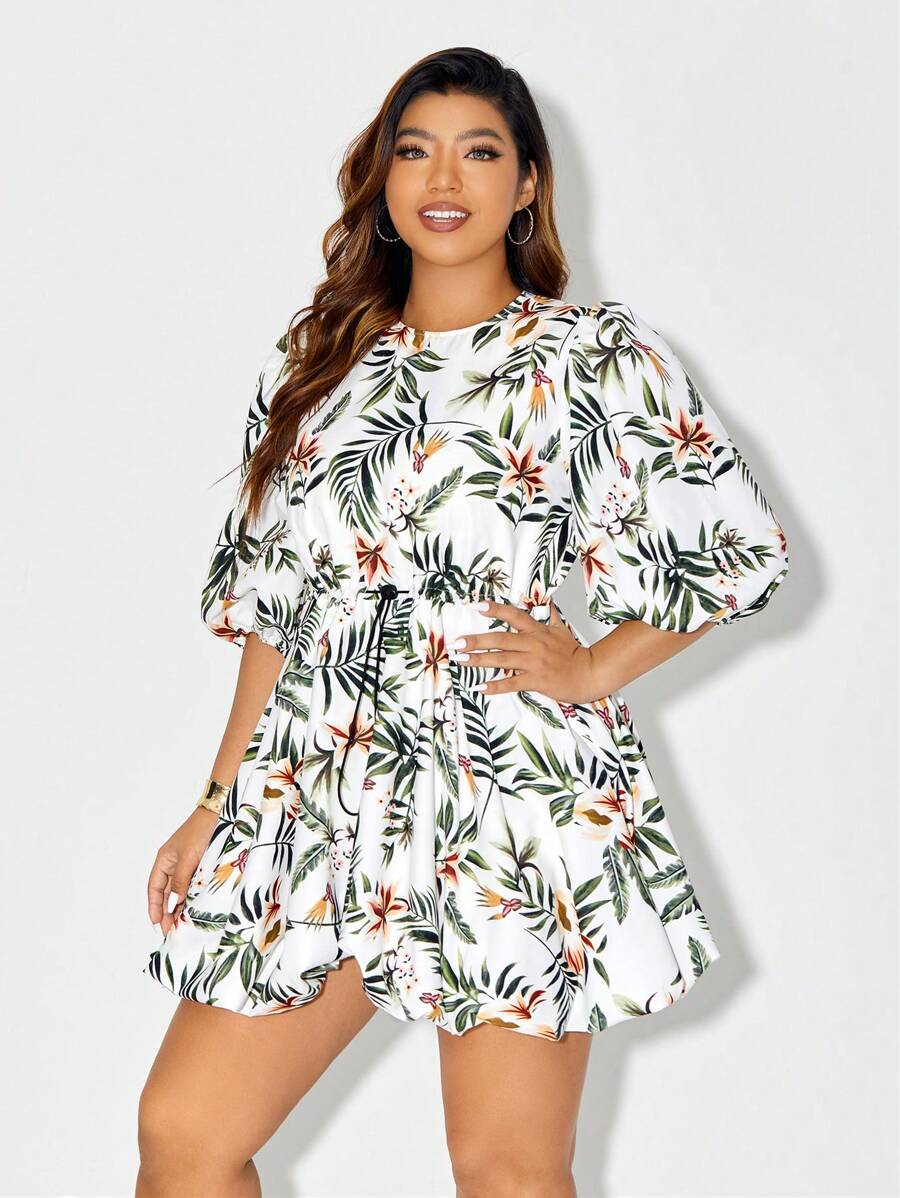 NGOZIKA OKEKE 大碼熱帶圖案腰部抽繩洋裝 - 彩色 - 查看 1