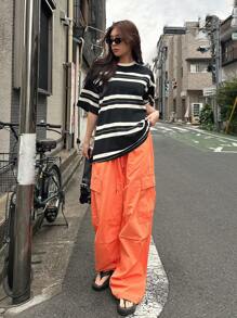 DAZY Áo thun nữ Sọc Giải trí - Đen và trắng - Xem 3