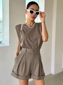 DAZY Bộ đồ mặc nhà dành cho nữ gồm áo tank top trơn và quần short ống rộng không kèm thắt lưng. - màu nâu - Xem 3