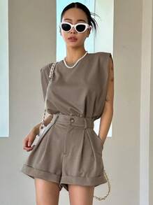 DAZY Bộ đồ mặc nhà dành cho nữ gồm áo tank top trơn và quần short ống rộng không kèm thắt lưng. - màu nâu - Xem 4