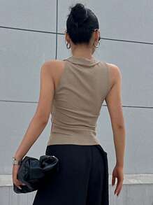 DAZY Solid Halter Top Tank Tops - Khaki - View 2