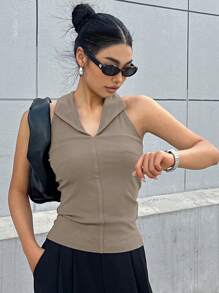 DAZY Solid Halter Top Tank Tops - Khaki - View 4