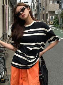 DAZY Áo thun nữ Sọc Giải trí - Đen và trắng - Xem 6