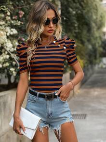 SHEIN LUNE 条纹印花泡泡袖 T 恤 图案 T 恤 女式上衣 - 摩卡棕 - 查看 6