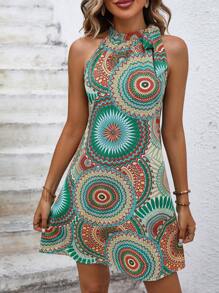 Breezaya Mandala Print Halter Neckline Dress - Green - View 4