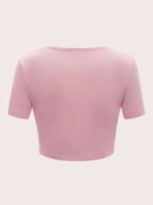 ROMWE Kawaii Camiseta unicolor aro de corazón vinculado con abertura fruncido - Rosa - Ver 2