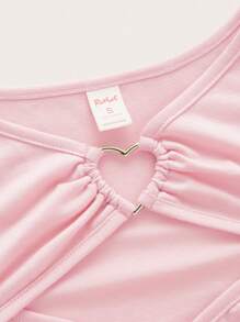 ROMWE Kawaii Camiseta unicolor aro de corazón vinculado con abertura fruncido - Rosa - Ver 3