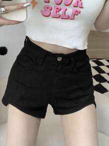 Shorts en mezclilla unicolor de talle alto - Negro - Ver 1