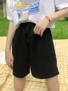 纯色抽绳腰带短裤，休闲黑色夏季款 - 黑色 - 查看 3
