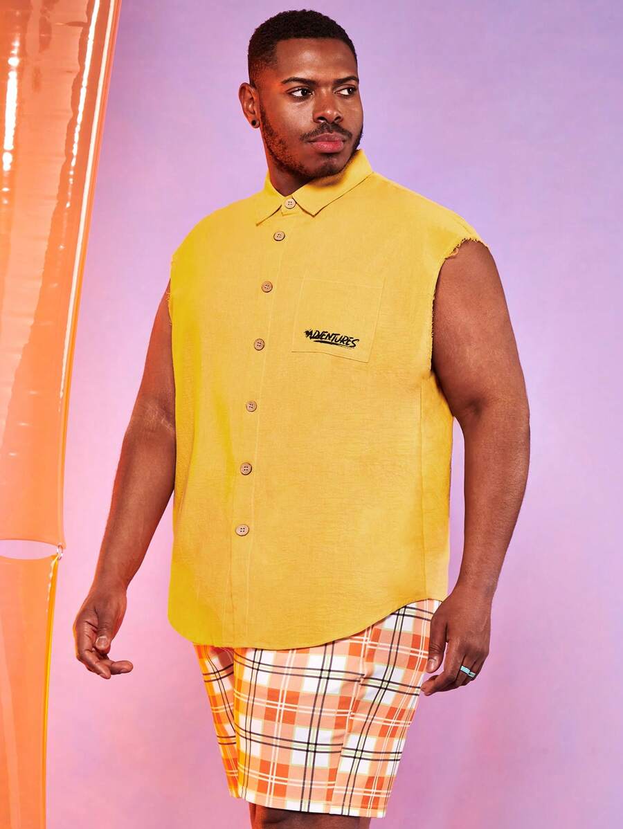 Manfinity EMRG 男士棉字母圖案前紐扣襯衫 - 黃色 - 查看 1