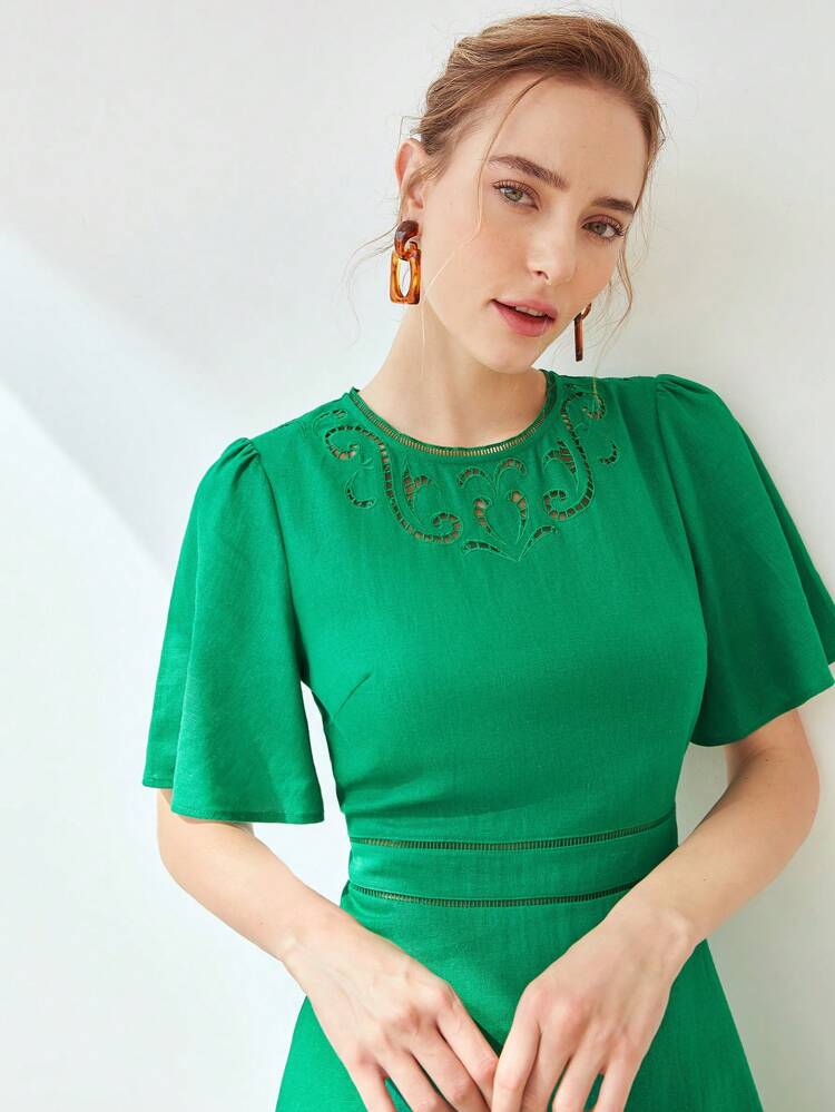 LINEN VISCOSE CUTOUT BRODERIE DRESS