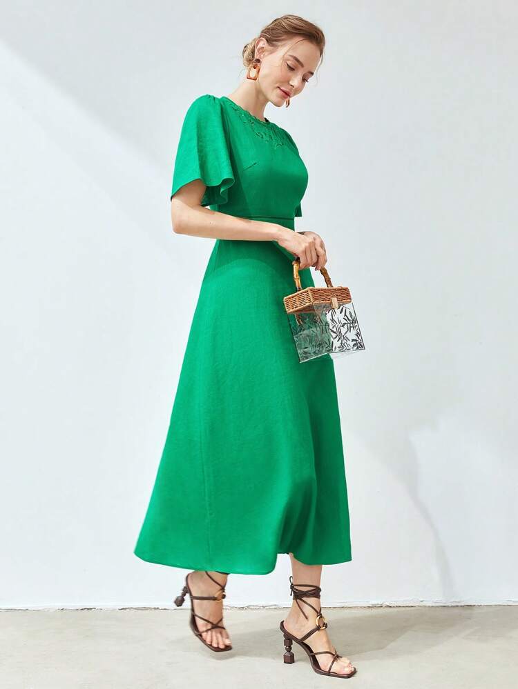 LINEN VISCOSE CUTOUT BRODERIE DRESS