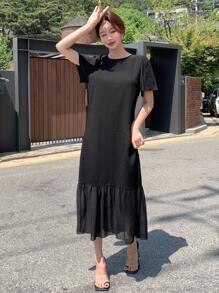 DAZY Đầm Viên lá sen màu trơn Dễ thương - màu đen - Xem 1