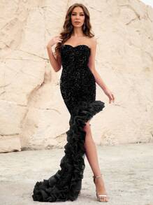 Ruffle Trim Split Thigh Sequin Tube Formal Dress - Black - View 1