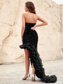 Ruffle Trim Split Thigh Sequin Tube Formal Dress - Black - View 2