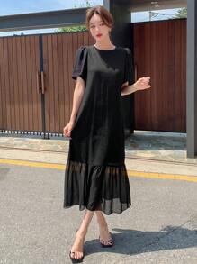 DAZY Đầm Viên lá sen màu trơn Dễ thương - màu đen - Xem 5