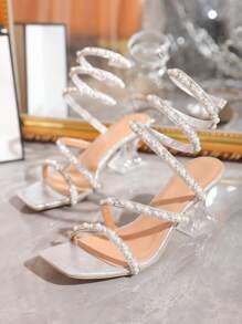 Phụ nữ Rhinestone Trang trí quai dép Sandals, Nhựa Clear Gót Điêu khắc quyến rũ Sandals - Bạc - Xem 5