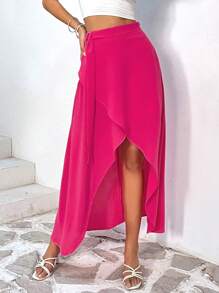 SHEIN VCAY 素色側打結圍裹下擺半身裙 - 玫紅色 - 查看 6