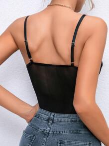 Allurite 蕾絲拼接嵌入網紗緊身吊帶連體衣 - 黑色 - 查看 2