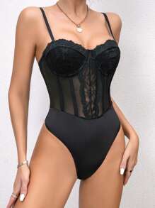 Allurite 蕾絲拼接嵌入網紗緊身吊帶連體衣 - 黑色 - 查看 5