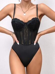 Allurite 蕾絲拼接嵌入網紗緊身吊帶連體衣 - 黑色 - 查看 6