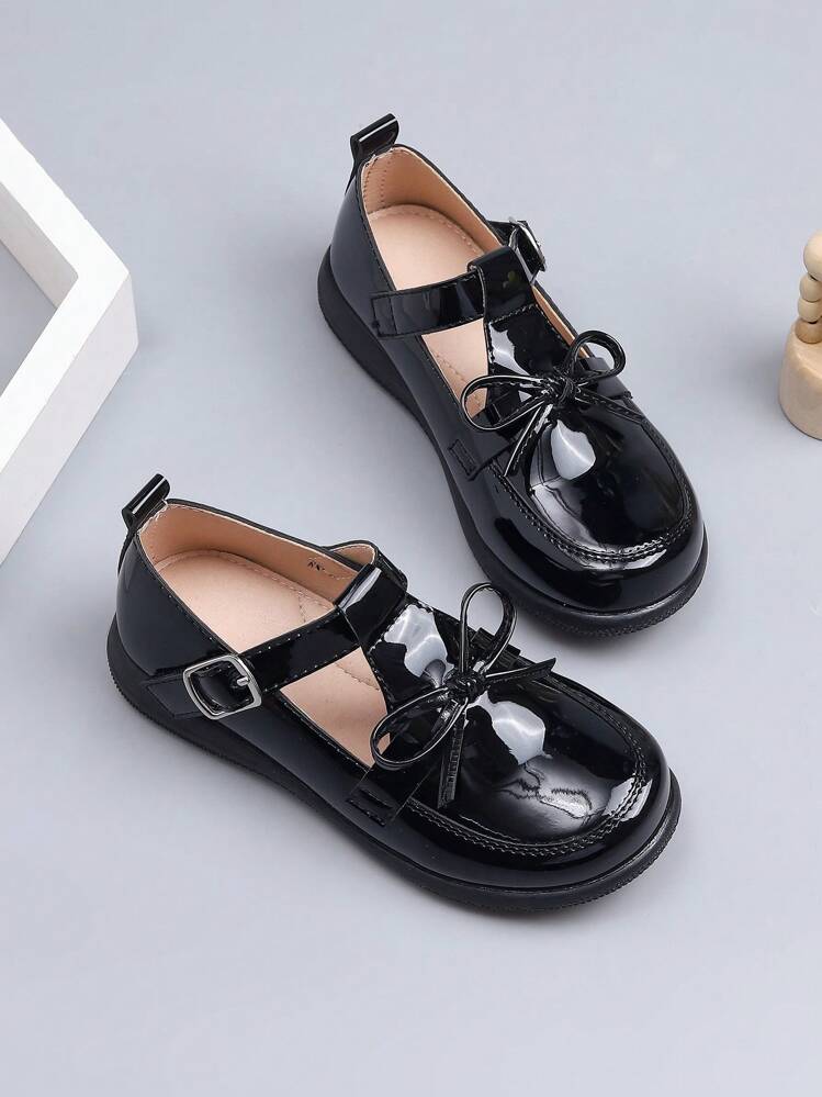 Girls Bow Decor Preppy Mary Jane Flats For Outdoor - Black - View 1