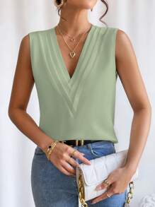 SHEIN Privé Solid V Neck Sleeveless Blouse - Mint Green - View 3