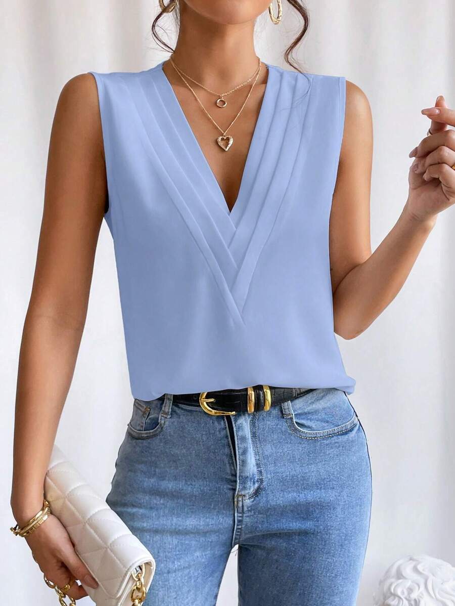 EMERY ROSE Solid V Neck Sleeveless Blouse - Baby Blue - View 1