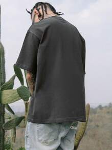 Hombres Camiseta de hombros caídos con estampado de slogan - Gris Oscuro - Ver 2