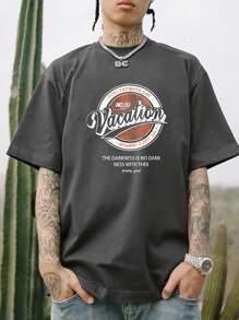 Hombres Camiseta de hombros caídos con estampado de slogan - Gris Oscuro - Ver 3