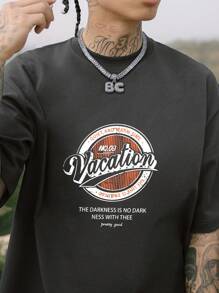 Hombres Camiseta de hombros caídos con estampado de slogan - Gris Oscuro - Ver 4