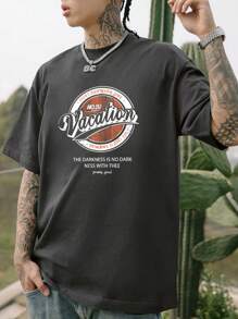 Hombres Camiseta de hombros caídos con estampado de slogan - Gris Oscuro - Ver 5