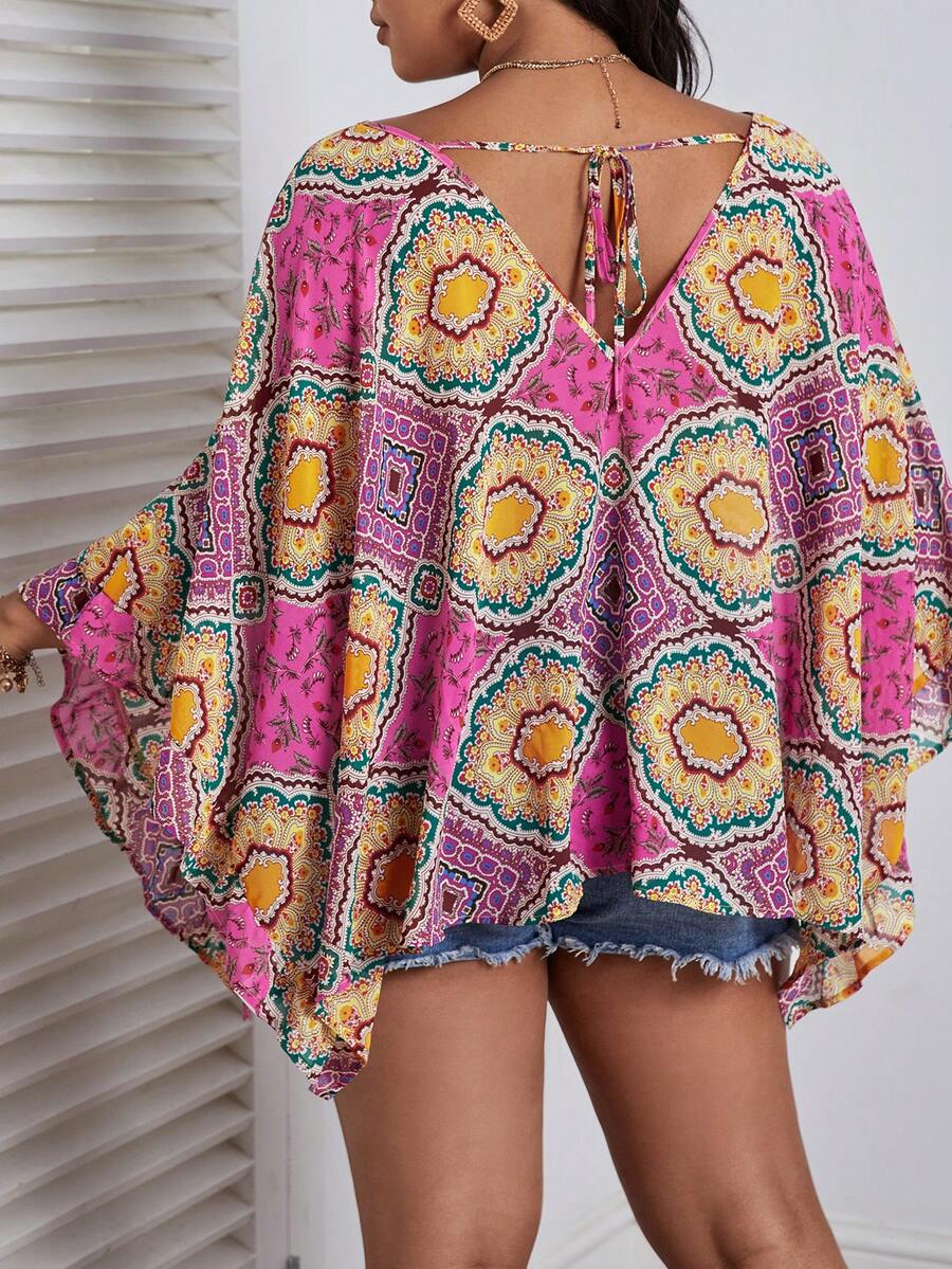 SHEIN VCAY 大碼圍巾圖案蝙蝠袖後綁帶襯衫 - 彩色 - 查看 1